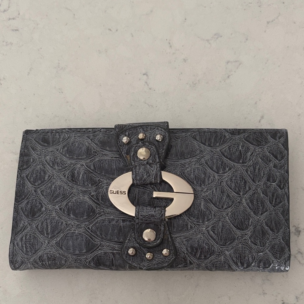 Guess Textured Blue Wallet with Silver Accents